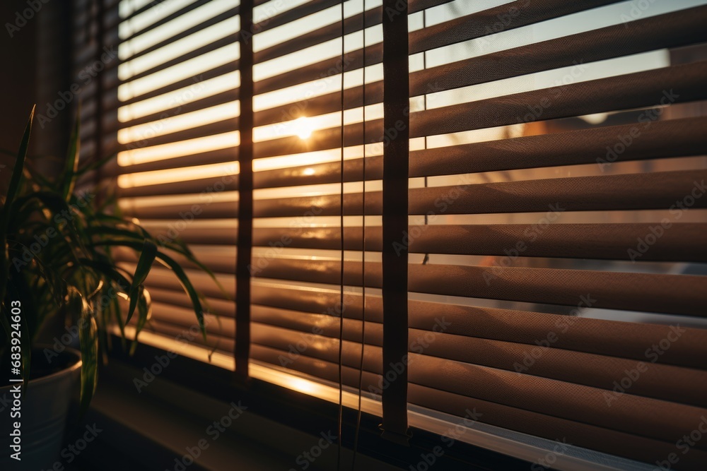 Poster a potted plant sitting in front of a window. this image can be used to add a touch of nature and gre