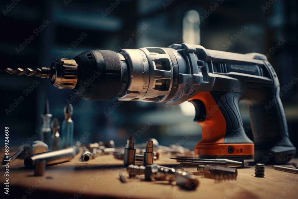 Poster a drill is pictured alongside other tools on a table. this image can be used to depict a workshop or