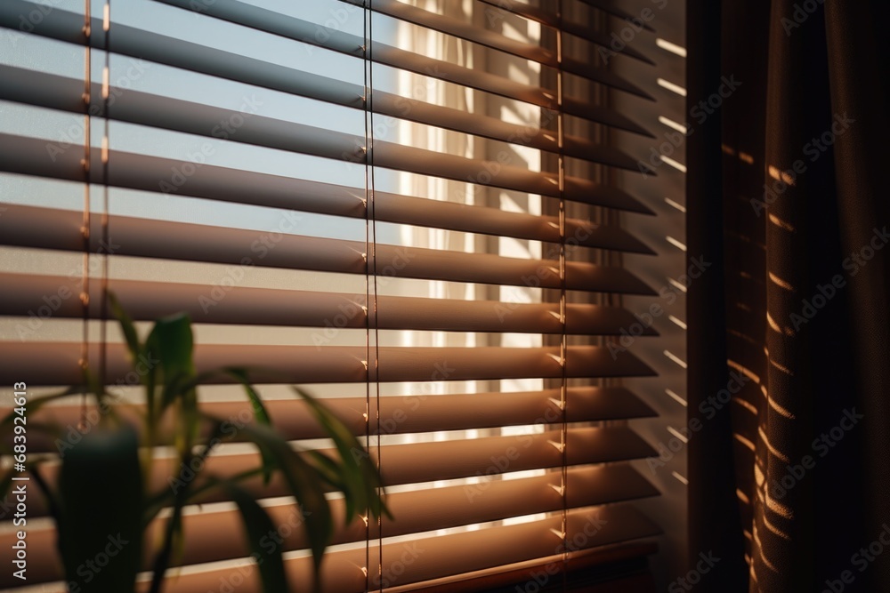 Aufkleber a picture of a window with blinds and a plant in front of it. this image can be used to depict home 