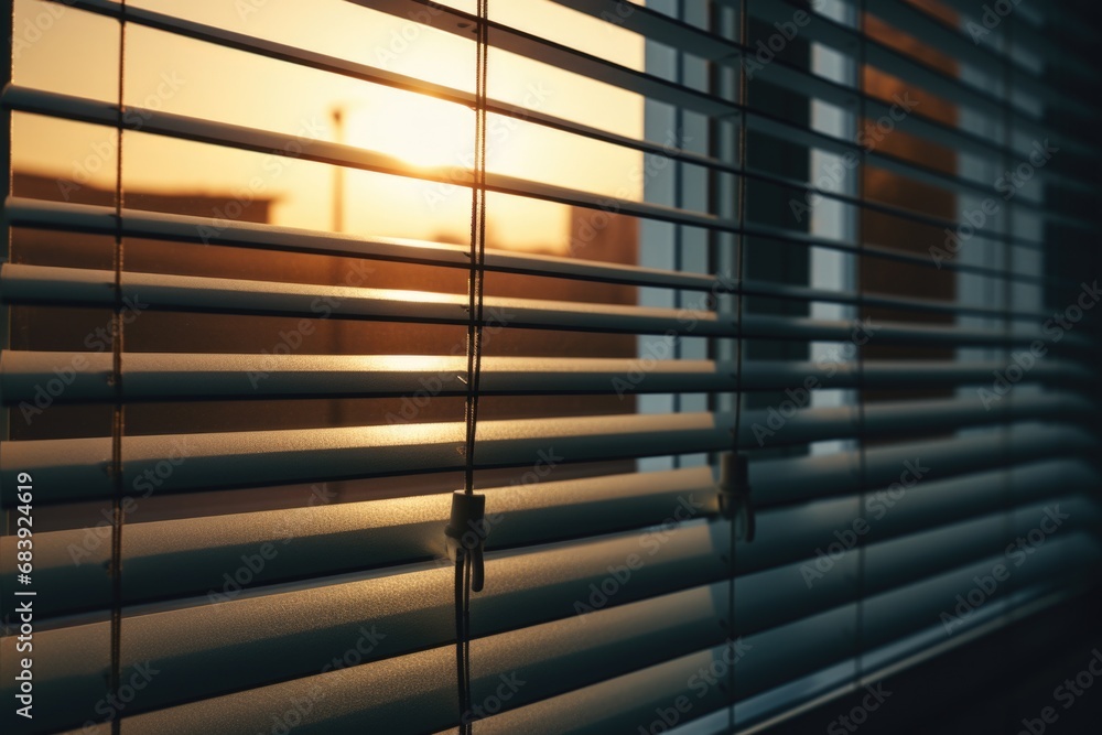Poster a stunning image capturing the sun setting through the blinds of a window. perfect for adding a warm