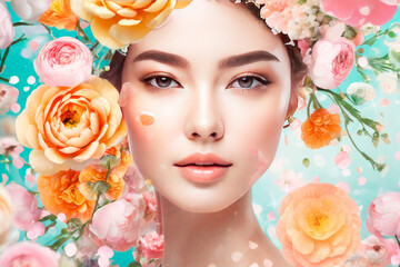 Obraz na płótnie Canvas Closeup face of young beautiful woman with a healthy clean skin. Pretty woman with bright makeup against a background of delicate flowers accentuating her natural beauty.