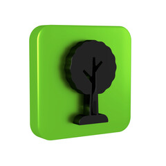 Black Tree icon isolated on transparent background. Forest symbol. Green square button.