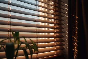 A picture of a window with blinds and a plant in front of it. This image can be used to depict home decor, interior design, or natural elements in a living space