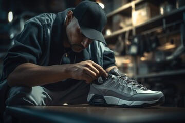 A man diligently working on a pair of sneakers. This image can be used to showcase craftsmanship and attention to detail in the manufacturing or repair of footwear