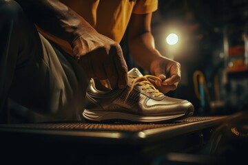 A person tying up a pair of sneakers. This image can be used to illustrate the process of getting ready for exercise or sports activities