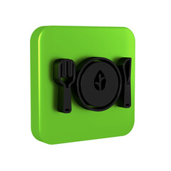 Black Vegan food diet icon isolated on transparent background. Organic, bio, eco symbol. Vegan, no meat, lactose free, healthy, fresh and nonviolent food. Green square button.