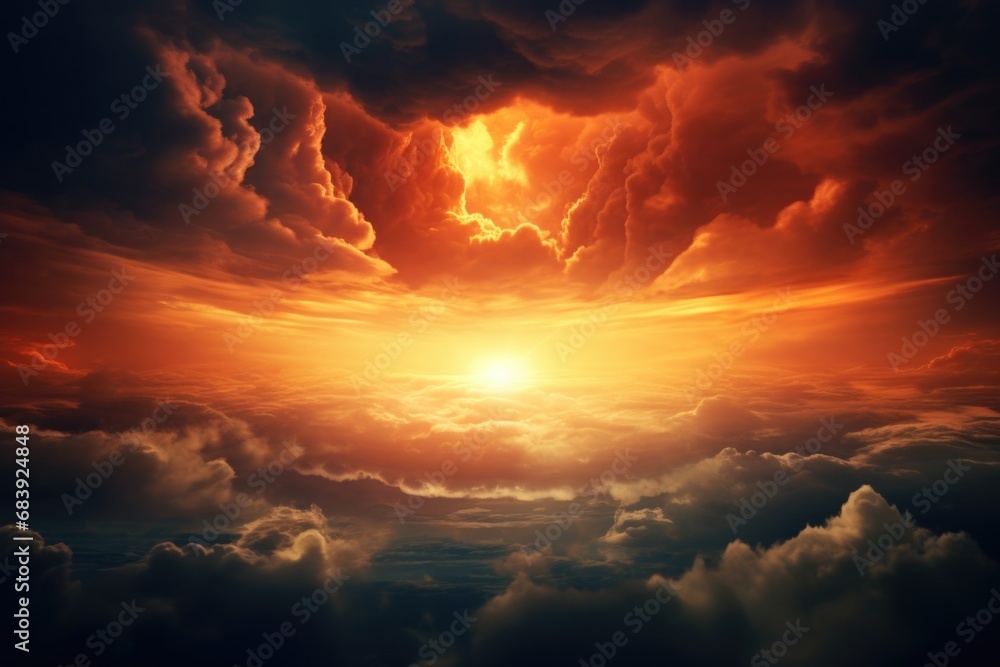 Poster a beautiful image capturing the setting sun as it casts a warm glow over the clouds. perfect for add