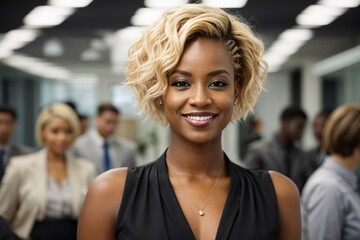 Fototapeta premium Smiling attractive short hair blonde confident professional black woman posing at her business office with her coworkers and employees in the background.