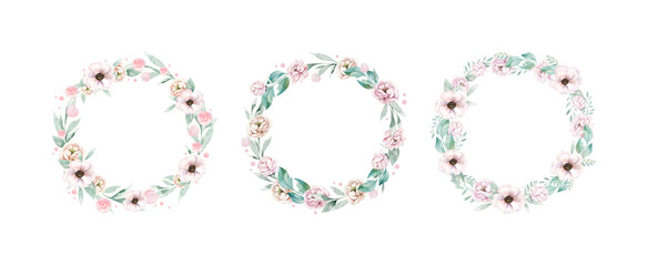 Wreaths, set floral frames and bouquetr, watercolor flowers pink peonies,peony Illustrations hand painted. Isolated on white background. Perfectly for greeting card design.