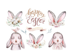 Hand drawn watercolor happy easter set with bunnies head and flral wreath design. Rabbit bohemian style, buny isolated boho illustration on white.