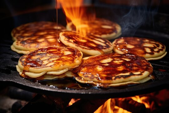 A picture of pancakes cooking on a grill with flames in the background. Perfect for food-related projects and cooking themes