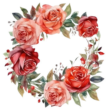 Watercolor illustration of red roses wreath. Ai generated. Transparent background, PNG