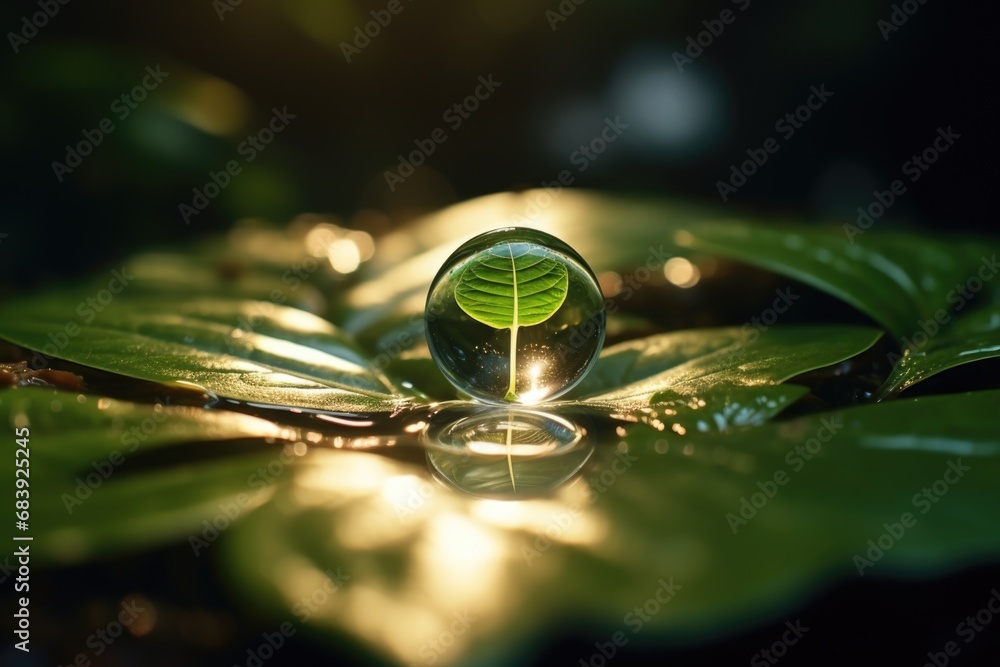 Poster a close-up view of a single leaf with a water drop resting on its surface.