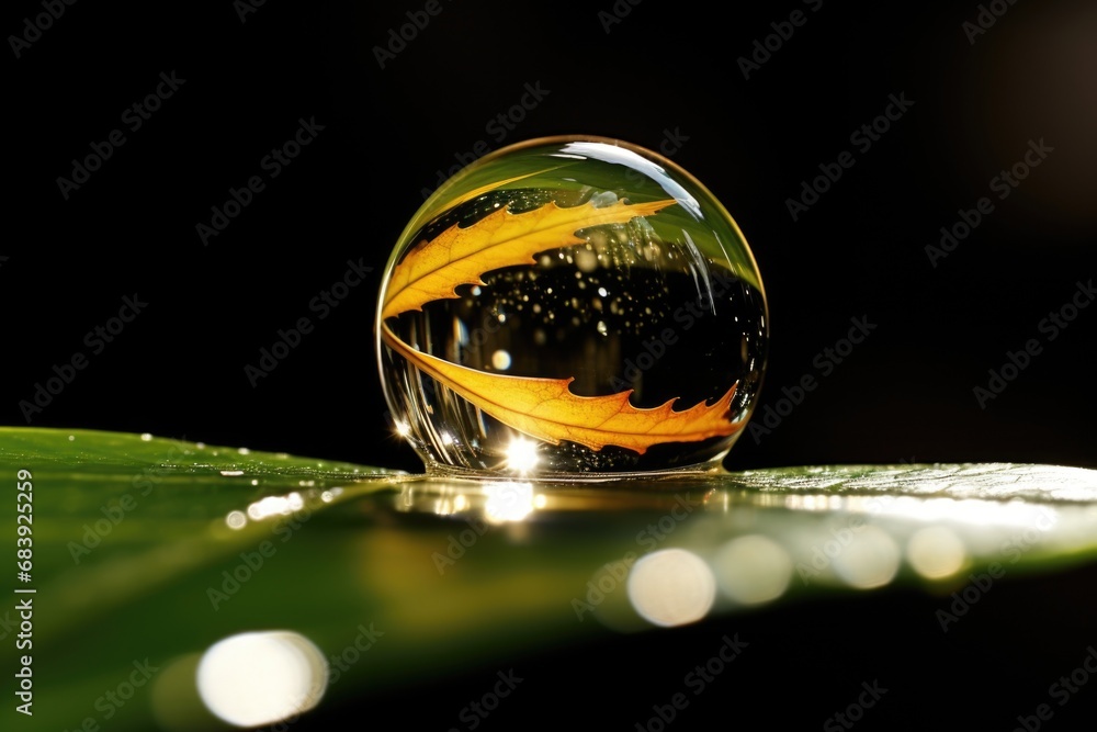 Poster a close-up view of a glass ball resting on a vibrant green leaf. perfect for adding a touch of natur