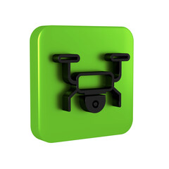 Black Drone flying icon isolated on transparent background. Quadrocopter with video and photo camera symbol. Green square button.