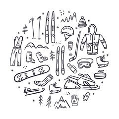 Vector round illustration of a collection of symbols for skiing and winter sports, hand-drawn in the style of doodles	