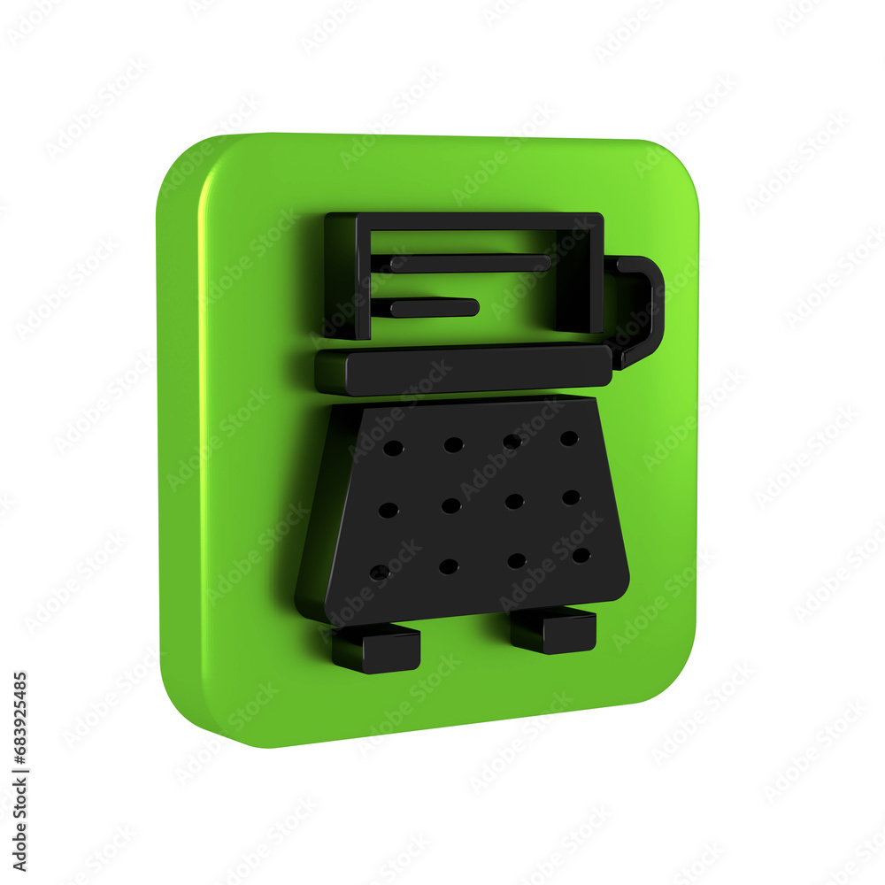 Poster black retro typewriter and paper sheet icon isolated on transparent background. green square button.