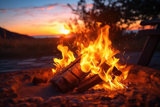 A fire is burning in the sand near a bench. This image can be used to depict a beach bonfire or a cozy evening by the fire