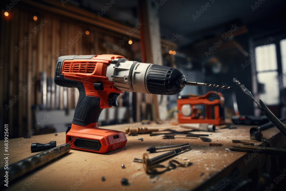 Poster a drill is sitting on a workbench in a workshop. this versatile image can be used to depict various 