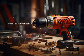 A drill is sitting on a workbench. This image can be used to depict a workshop, DIY projects, or home improvement
