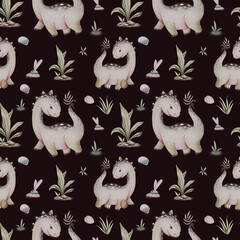 Watercolor dinosaur seamless pattern. Hand painted cute dinosaurs, tropical palm tree, jungle leaves, mountains. Dino illustration for design, wallpaper, scrapbooking