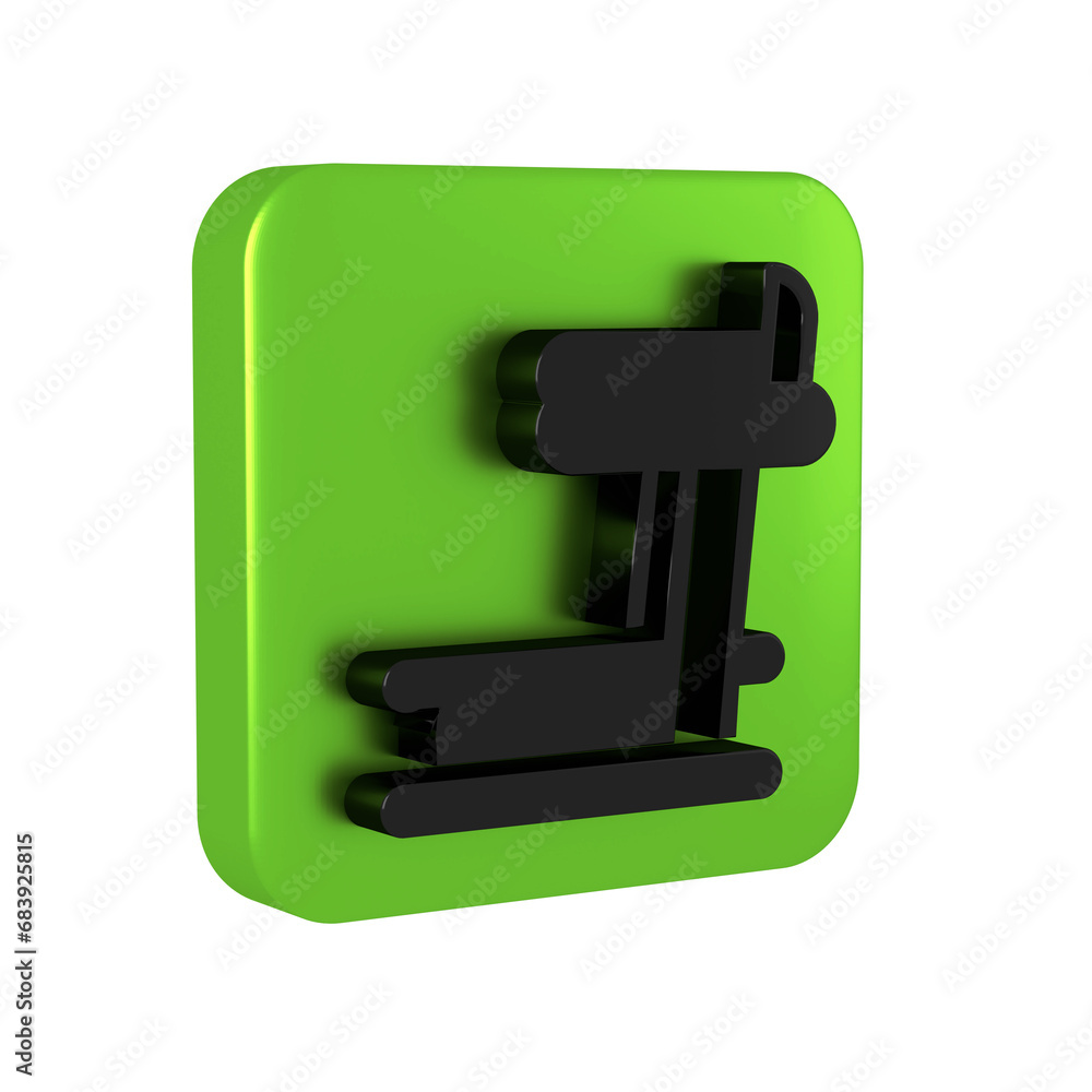 Poster black treadmill machine icon isolated on transparent background. green square button.