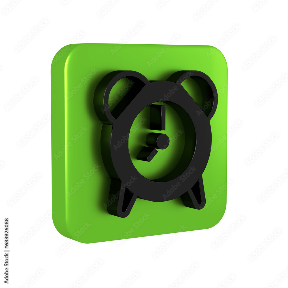 Poster black alarm clock icon isolated on transparent background. wake up, get up concept. time sign. green