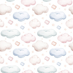 Seamlesss pattern with cartoon clouds, magic baby bear bunny toys and cow. Watercolor hand drawn illustration with white background