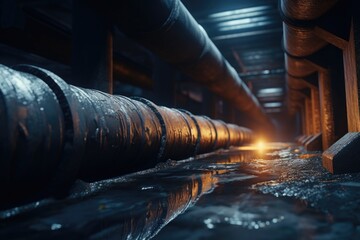 A picture of a long pipe with water running down it. This image can be used to illustrate concepts related to plumbing, water supply, infrastructure, or construction projects - Powered by Adobe