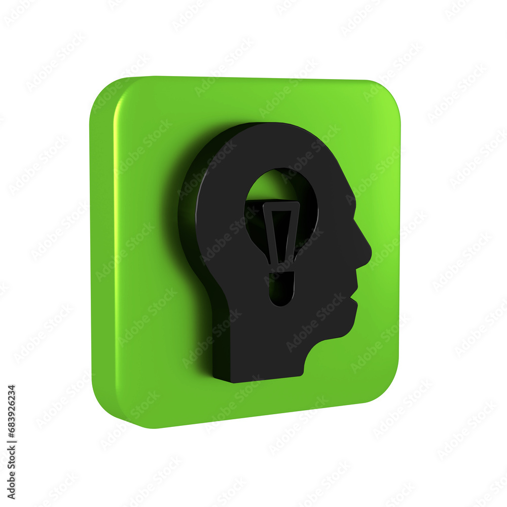 Poster black human with lamp bulb icon isolated on transparent background. concept of idea. green square bu