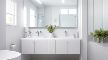 Minimalist White and Silver Petite Bathroom with Floating Vanity and Sleek Tub - Generative AI