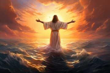 Jesus sea sunset. Sea sun heaven. Generate Ai