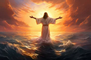 Deurstickers Jesus sea sunset. Sea sun heaven. Generate Ai © juliars