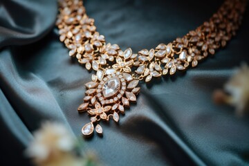 A detailed close-up shot of a necklace placed on a soft cloth. Perfect for jewelry catalogs and fashion websites
