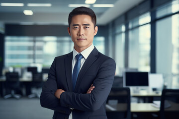 Portrait of a confident asian businessman in office, generative ai 