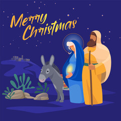 Christmas card in simple cheerful style with the holy family going to Bethlehem. Vector illustration in cartoon style