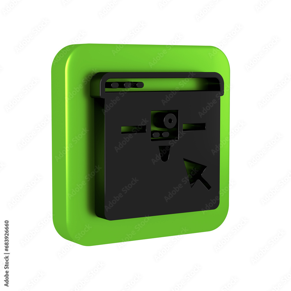 Poster black 3d printer setting icon isolated on transparent background. 3d printing. green square button.