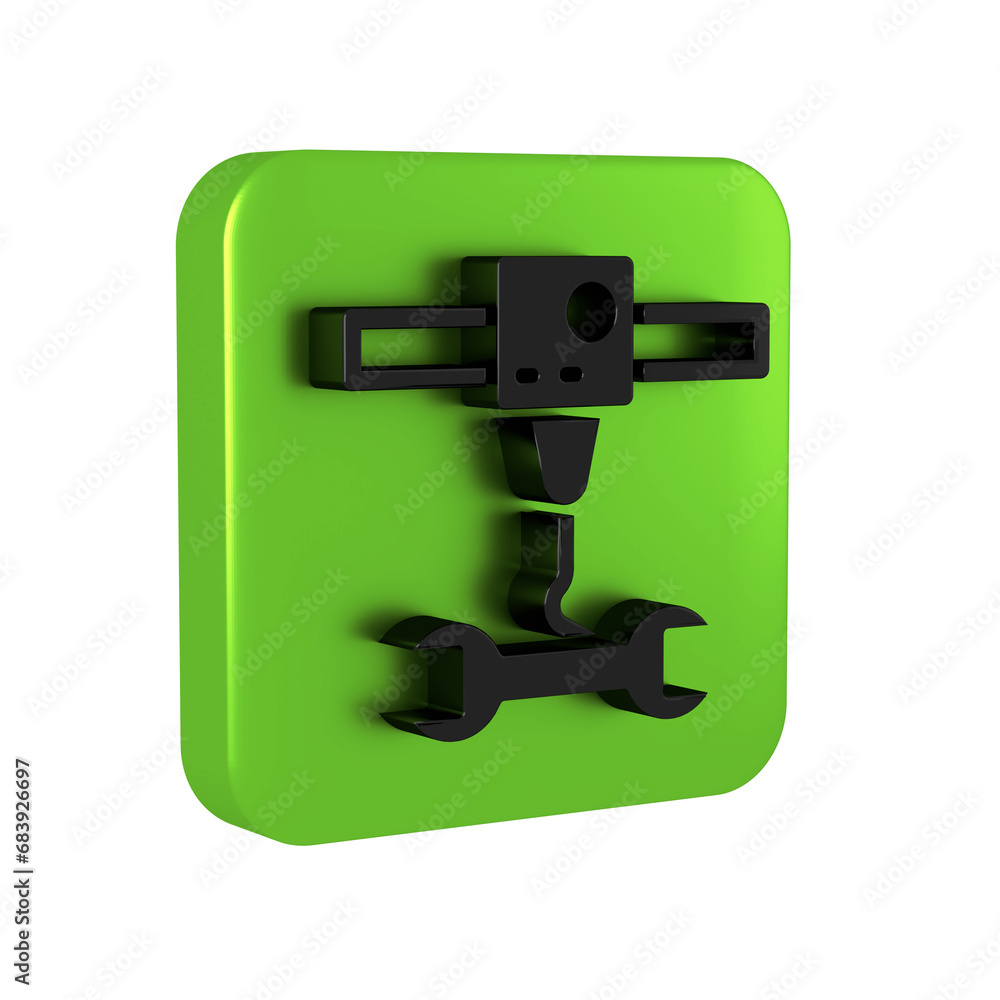 Poster black 3d printer wrench spanner icon isolated on transparent background. 3d printing. green square b