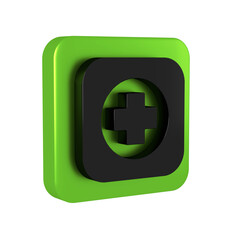 Black Hospital signboard icon isolated on transparent background. Green square button.