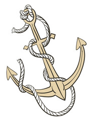 Cartoon island pirate map item, anchor. Hand drawn symbols in engraved style of  illustration isolated on white background