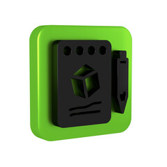 Black Sketch on paper icon isolated on transparent background. Green square button.