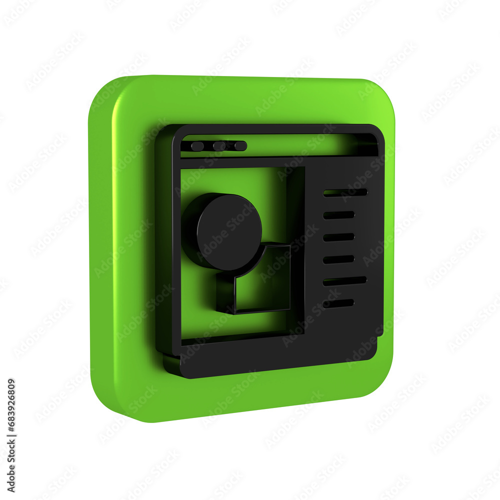 Poster black 3d printer software icon isolated on transparent background. 3d printing. green square button.