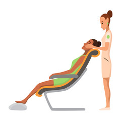 Massage therapist at work. Patient sits on chair, enjoying body relaxing treatment. Physiotherapist practicing massage, isolated cartoon characters. Flat  illustration