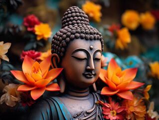 Buddha statue in the garden with lotus flowers. - obrazy, fototapety, plakaty
