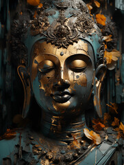 Ancient Buddha statue at temple wall in distressed gold, blue and green.