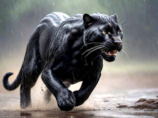 Create stunning image of a black panther running in the rain, side photo, beautiful panther, 8k ultra, detailed, gothic style