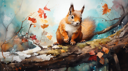 a vibrant squirrel on a branch amidst falling autumn leaves