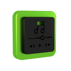 Black Music player icon isolated on transparent background. Portable music device. Green square button.