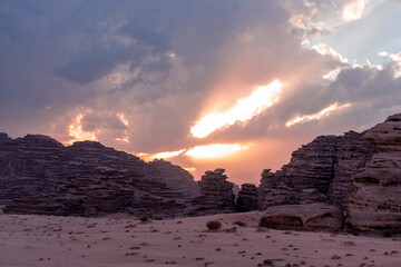A picture of the rock formations in Neom, Saudi Arabia, the beauty of the desert in broad daylight,...