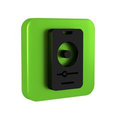 Black Music player icon isolated on transparent background. Portable music device. Green square button.